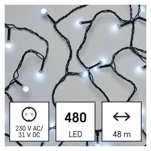 LED karácsonyi fényfüzér,csereszny –golyók,48 m,kültéri és beltéri,hideg fehér,progr,időz.