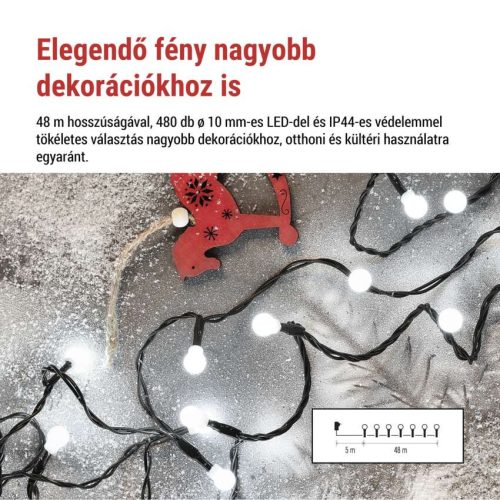LED karácsonyi fényfüzér,csereszny –golyók,48 m,kültéri és beltéri,hideg fehér,progr,időz.