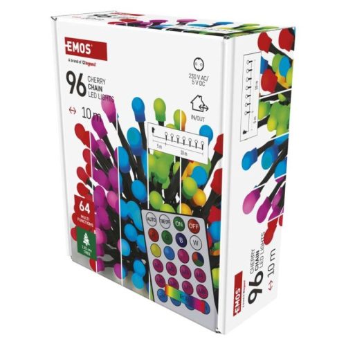 LED karácsonyi fényfüzér, cseresznye – golyók, 10 m, RGB, távirányító, programok, időzítő