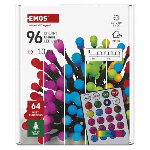 LED karácsonyi fényfüzér, cseresznye – golyók, 10 m, RGB, távirányító, programok, időzítő