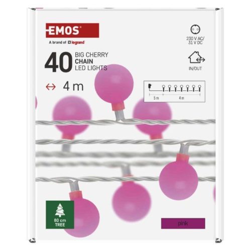 LED fényfüzér, cseresznye – golyók 2,5 cm, 4 m, kültéri és beltéri, rózsaszínű, időzítő