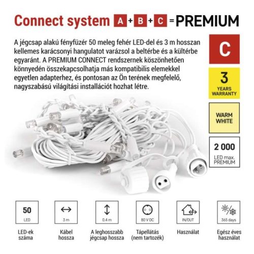 Premium LED sorolható füzér, fehér – jégcsapok, 3 m, kültéri, meleg fehér