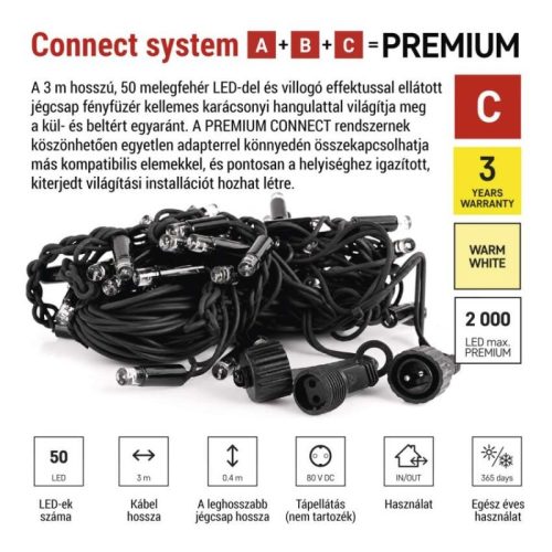 Premium LED sorolható füzér, villogó – jégcsapok, 3 m, kültéri, meleg fehér