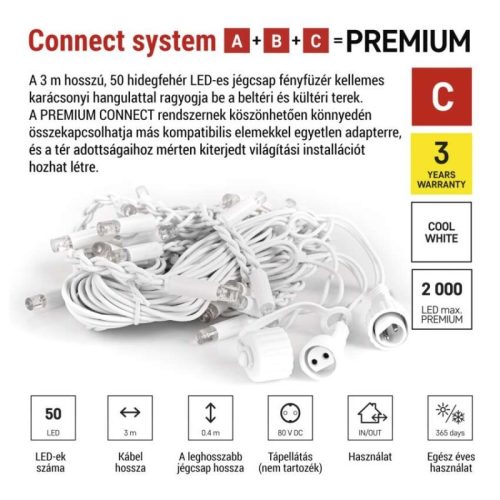 Premium LED sorolható füzér, fehér – jégcsapok, 3 m, kültéri, hideg fehér