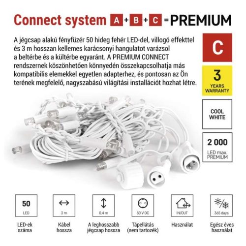 Premium LED sorolható füzér, villogó, fehér – jégcsapok, 3 m, kültéri, hideg fehér