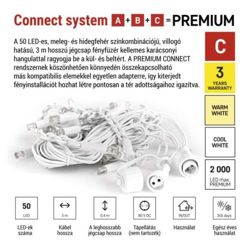 Premium LED sorolható füzér, villogó, fehér – jégcsapok, 3 m, kültéri, meleg/hideg fehér