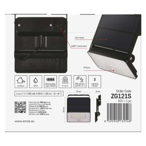 EMOS LED SOLAR reflektor hordozható SOLO, PIR, 1000lm IP54 természetes fehér