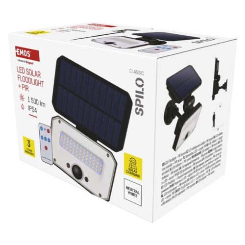 EMOS LED SOLAR reflektor hordozható SPILO, PIR,  1500lm IP54 természetes fehér