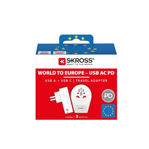 SKROSS 1.500295-E utazó adapter, World to Europe", USB-C + USB-A 20W PD gyorstöltés"