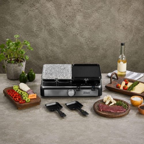 Zilan ZLN8863 raclette grill, 1500 W, 2 az 1-ben, alumínium sütőlap, tapadásmentes bevonat, hőfokszabályozó, kiegészítők