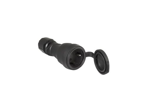 FANTON lengődugalj fedéllel, gumi, fekete, IP54, 16A/250V, 3x2,5 mm2-es vezetékhez is