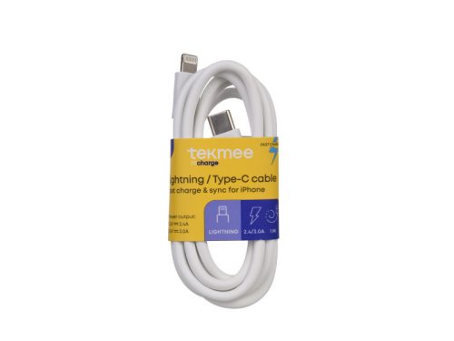 Tekmee gyorstöltő kábel (UT csomag, fehér) 1m - Type-C / Lightning (iPhone) - 14db/csomag