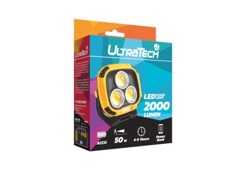 UltraTech elemlámpa tölthető Flood Light, 2000lm, 4fokozat+vörös, 2x2200mAh 18650 akku