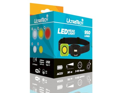 UltraTech elemlámpa tölthető Head Light 10W, 950lm, 4fokozat+vörös