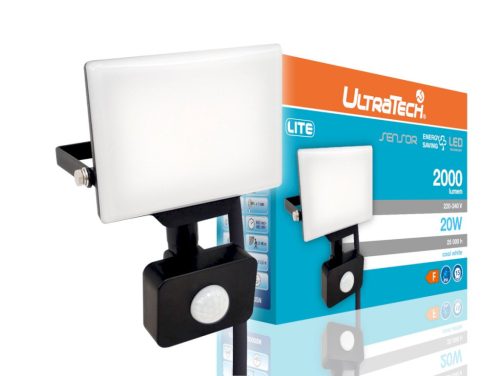 UltraTech LED reflektor 25000óra mozg.érz. 20W LITE, fekete 4000K 2000lm 110° IP65