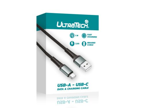 UltraTech adat- és töltőkábel USB-A/USB-C, 1m, fekete UT-P03